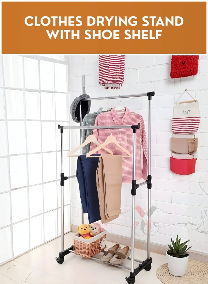 JUNI Portable Double Rail Clothes Rack with Wheels, Stainless Steel Foldable Garment and Laundry Rack, Adjustable Hanging Stand for Indoor & Outdoor Use, Rolling Clothing & Display Rack - Image 3